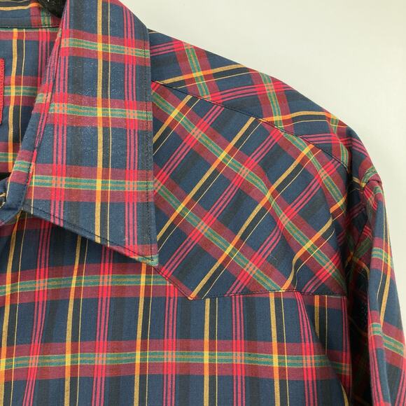 Vintage Rustler Blue Red Green Plaid XLong Tails Pearl Snap Western Shirt Top - Picture 7 of 9